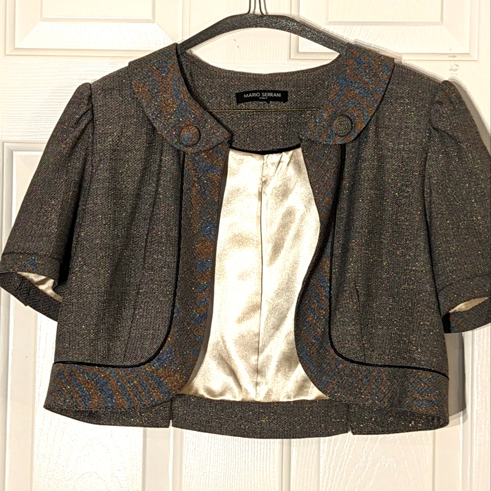 Mario Serrano bolero style work blazer, size 8, herringbone and gold